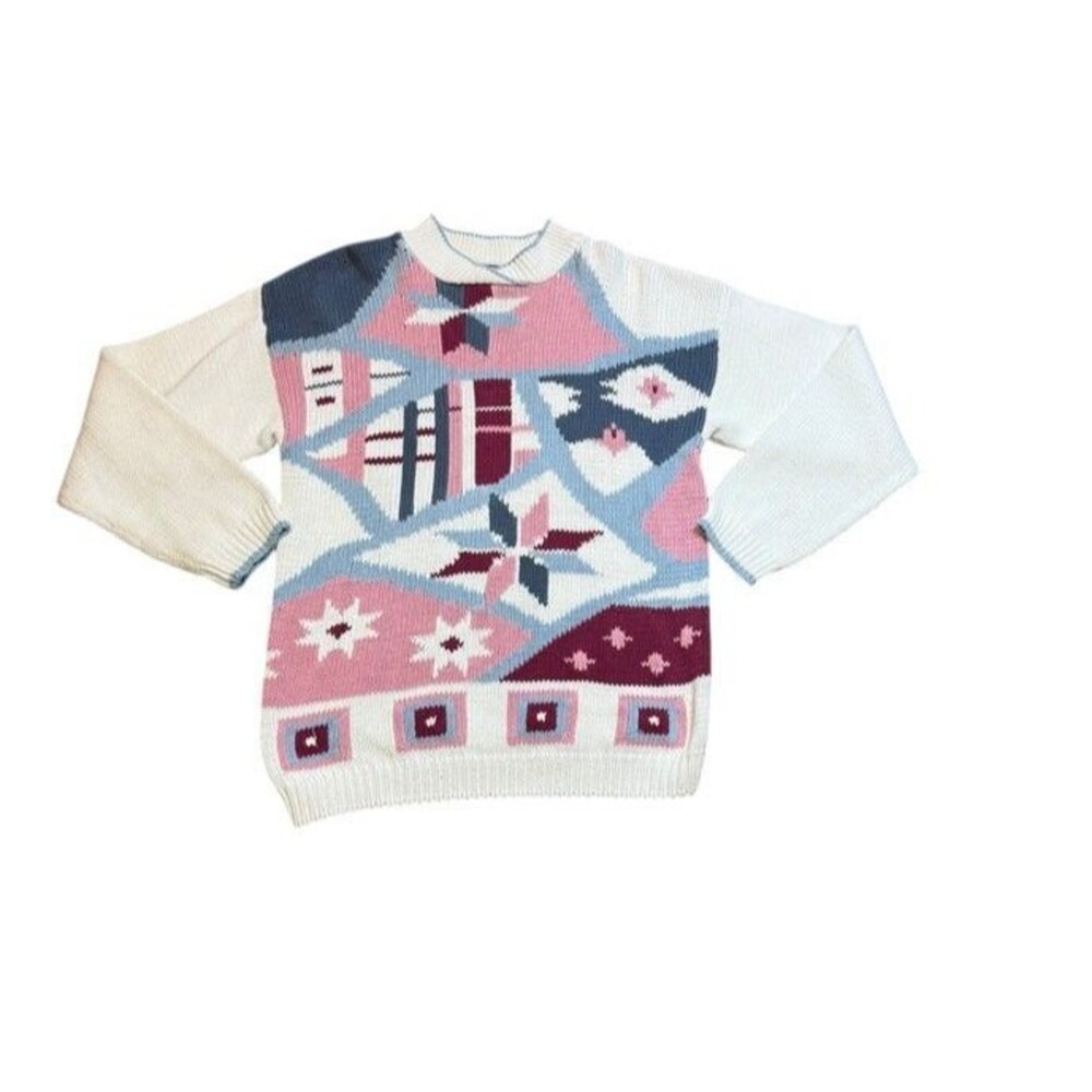 VTG 62 East Sweater Womens Size Large Quilt Square Aztec 80s 90s Pastel Mock